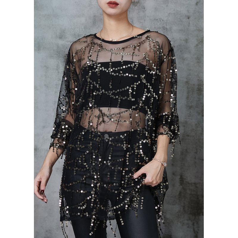 Classy Black Sequins Hollow Out Tulle Tops Summer