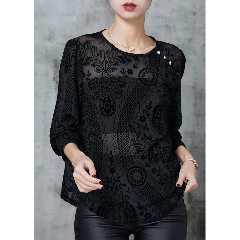 Elegant Black O-Neck Jacquard Lace Tops Spring