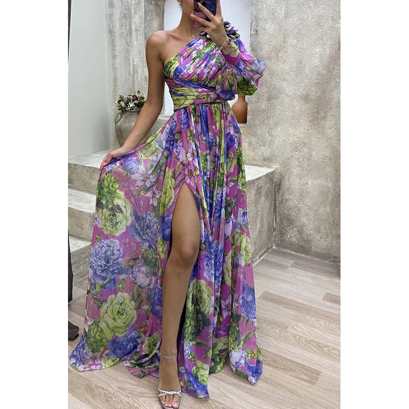 Elegant Floral Slit Evening Dress