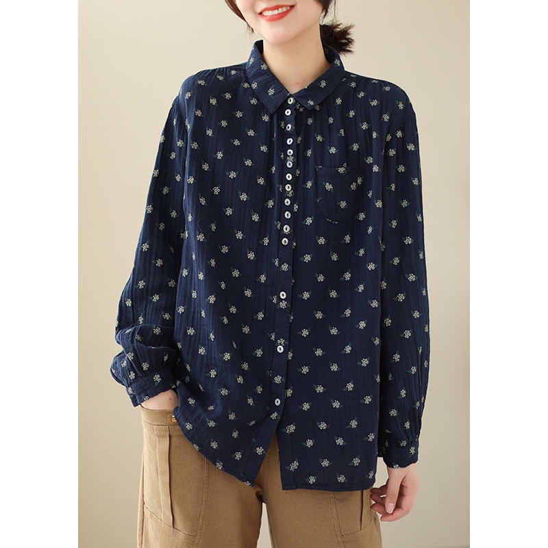 Elegant Navy Button Print Cotton Shirts Long Sleeve