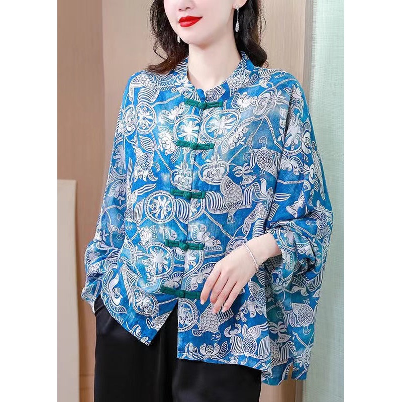 Plus Size Blue Button Print Linen Blouses Batwing Sleeve