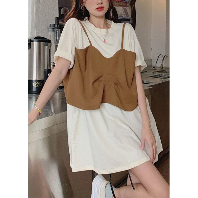 White Patchwork Cotton Fake Two Piece Dress Oversized Summer