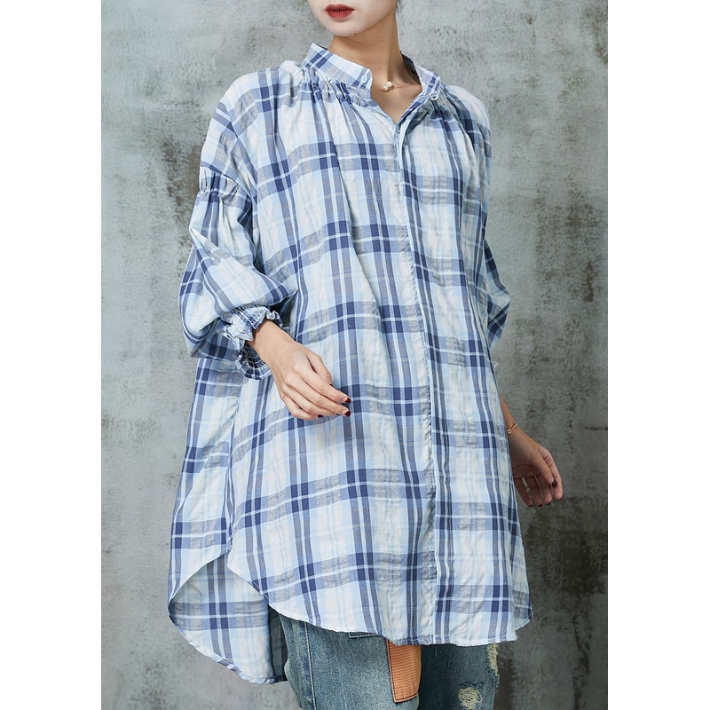 Women Blue Oversized Plaid Cotton Blouses Lantern Sleeve