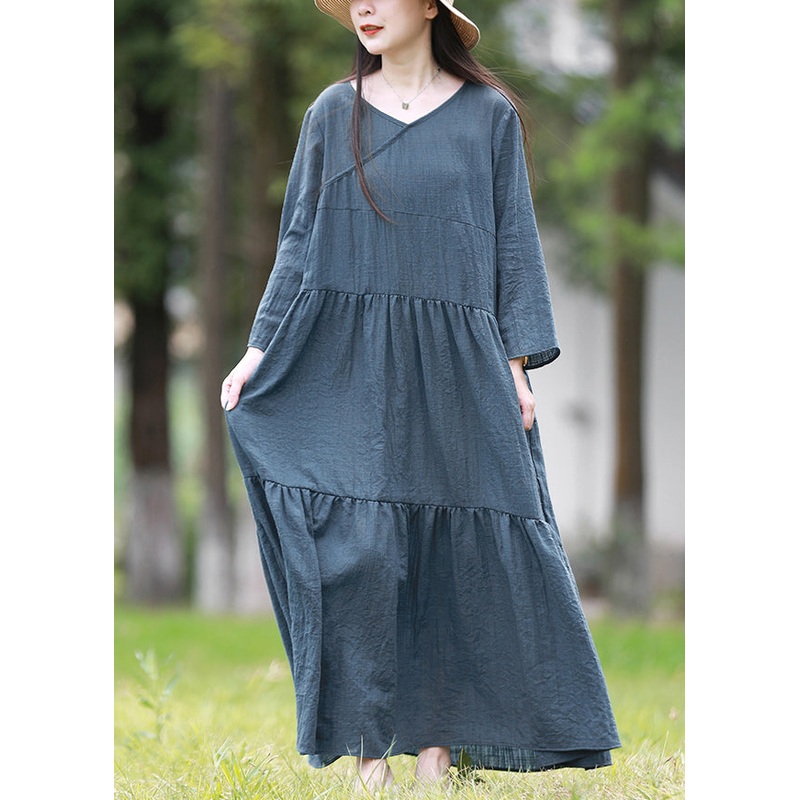 Women Blue V Neck Solid Patchwork Cotton Long Dresses Spring