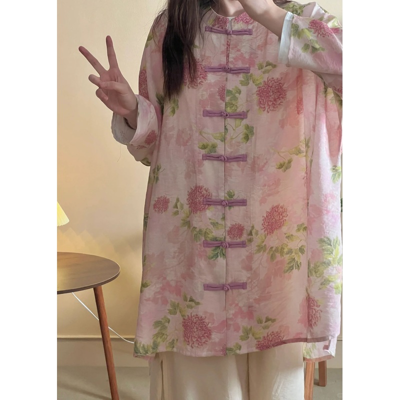 Women Pink Print Chinese Button Cotton Shirts Long Sleeve