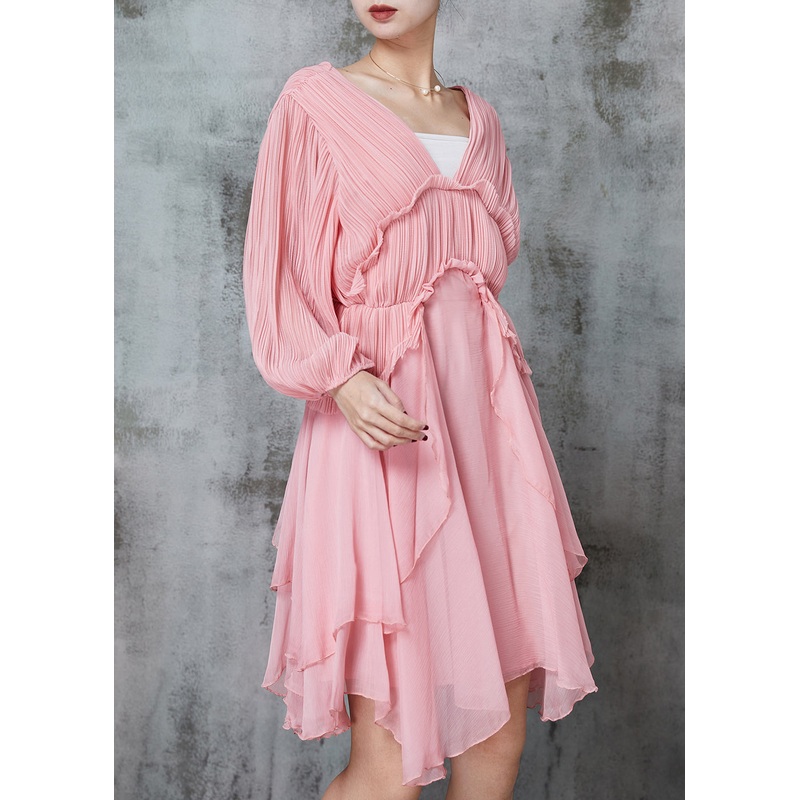 Women Pink Ruffled Wrinkled Chiffon Mid Dress Spring