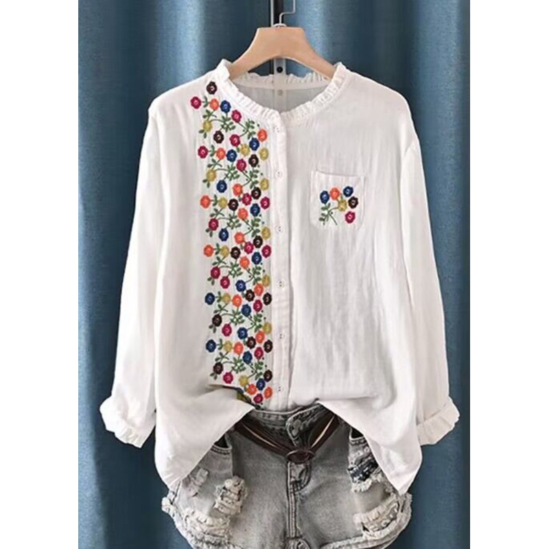 Women White Embroidered Ruffled Button Cotton Shirt Spring