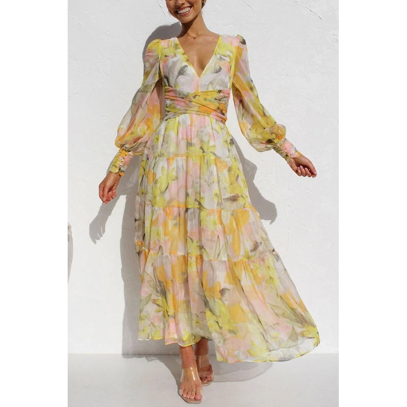 Yellow Olena Abstract Floral Balloon Sleeves Maxi Dress