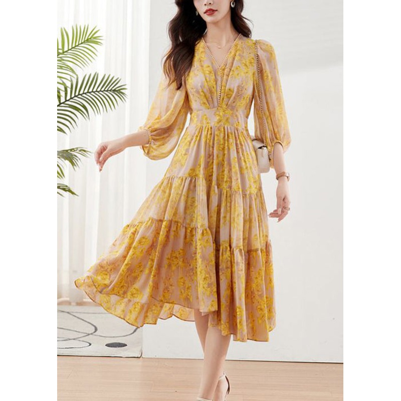 Yellow Print Chiffon Maxi Dresses Exra Large Hem Bracelet Sleeve