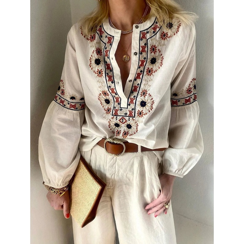 Apricot Crew Neck Buttons Embroidered Blouse Lantern Sleeve