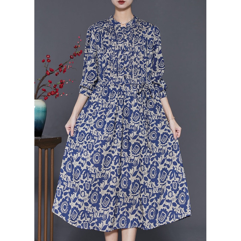 Art Navy Print Wrinkled Silk Shirt Dress Spring