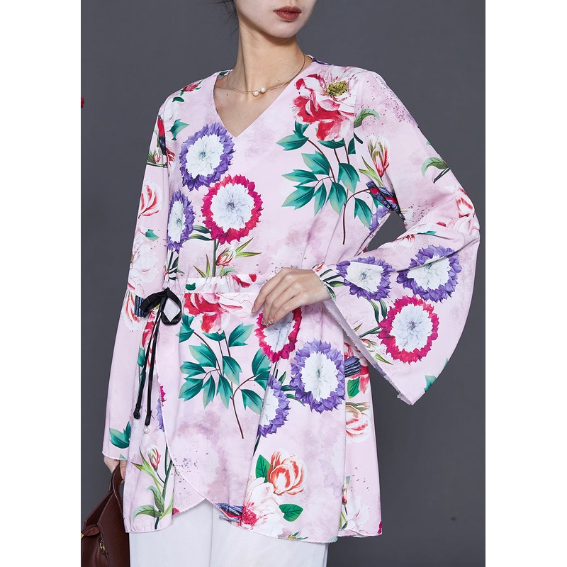 Art Purple Cinched Print Side Open Chiffon Blouses Spring