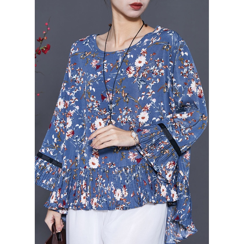 Beautiful Blue O-Neck Print Chiffon Blouse Top Summer