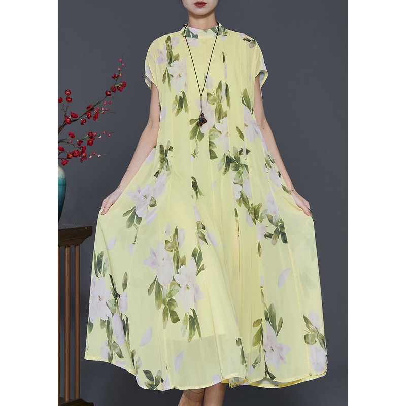 Beautiful Grass Green Print Chiffon Long Dress Summer