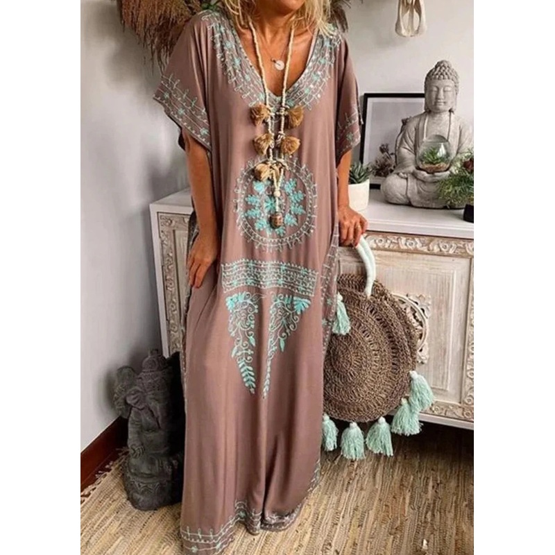 Bohemian V Neck Maxi Dress Short Sleeve
