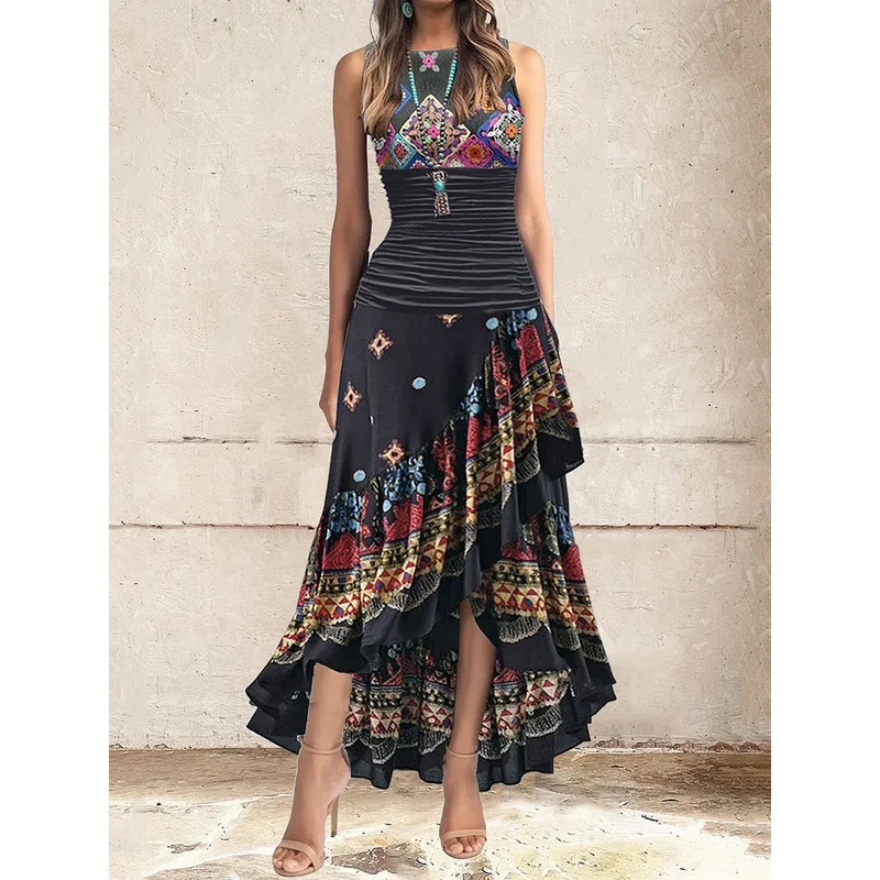 Boho Pattern Irregular Ruffle Hem Maxi Dress Sleeveless