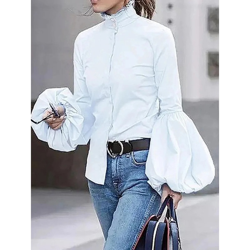 Casual Plain Stand Collar Button Blouse Lantern Sleeve
