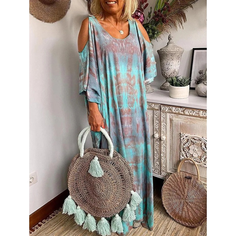 Casual Tie Dye Sleeve Loose Maxi Dress Short Sleeve