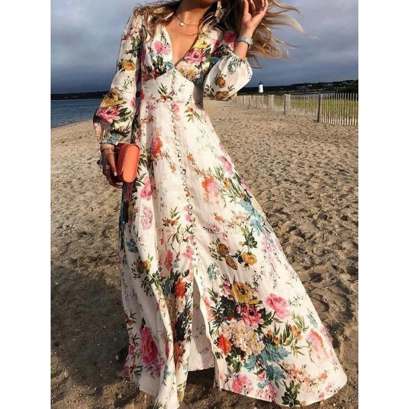 Casual V Neck Floral Button Maxi Dress Lantern Sleeve