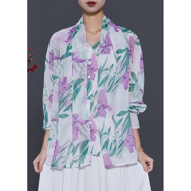 Elegant White Tulip Print Chiffon Fake Two Piece Shirt Spring