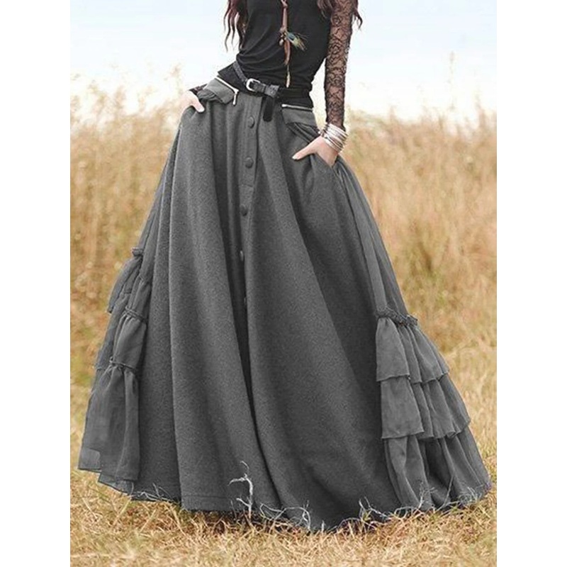 Grey Ruffle Trim Single Breasted Pocket Overlay Maxi Skirt