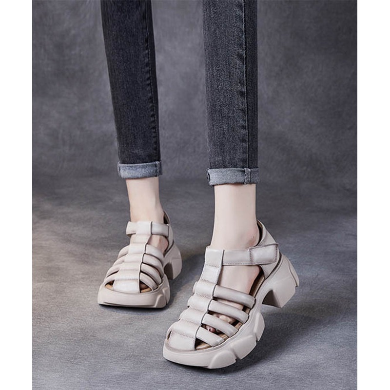 Handmade Beige Splicing Buckle Strap High Heel Sandals