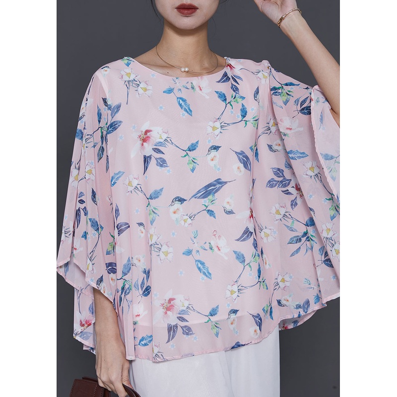 Pink Print Chiffon Top Oversized Batwing Sleeve