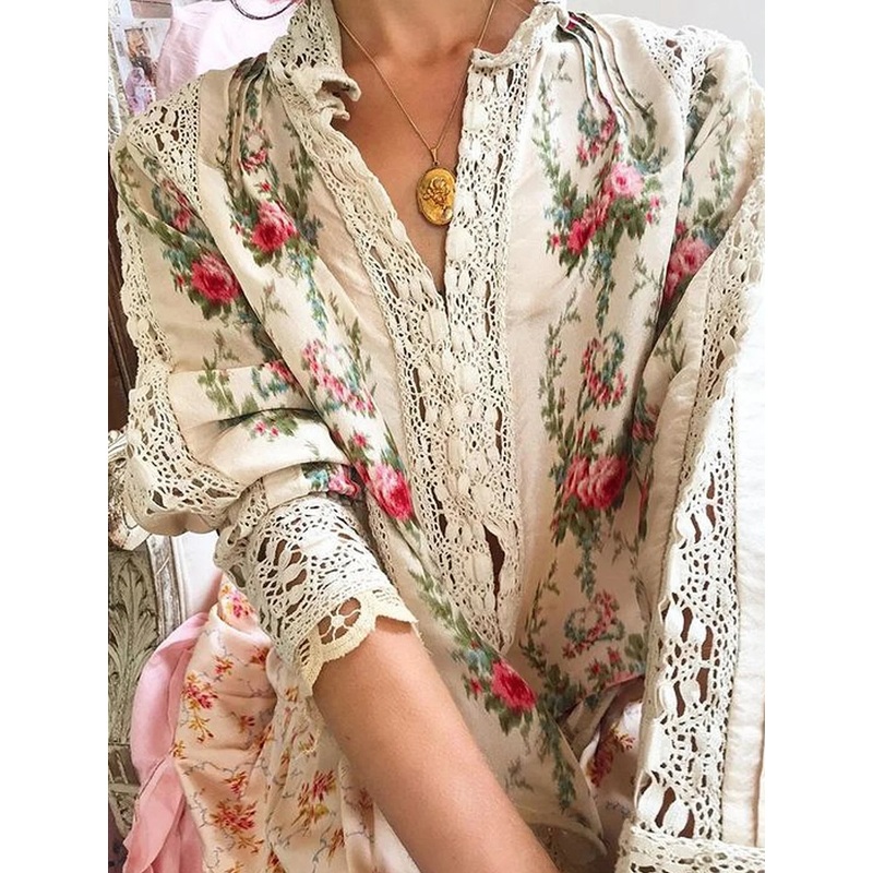 Retro Floral Pattern Hollow Out Blouse Long Sleeve