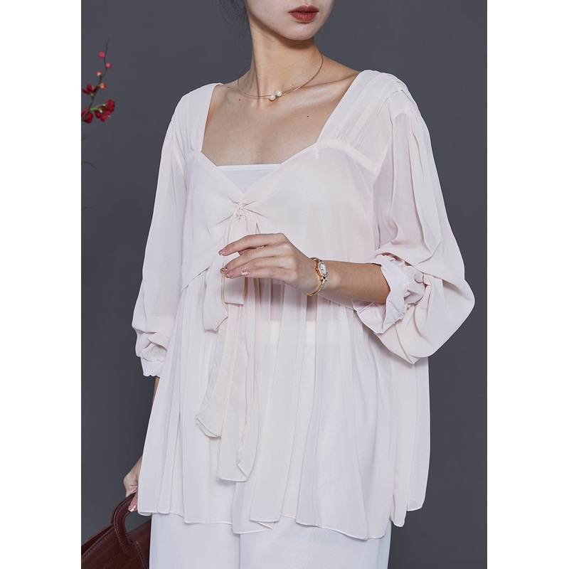 Simple Apricot Square Collar Chiffon Blouses Spring