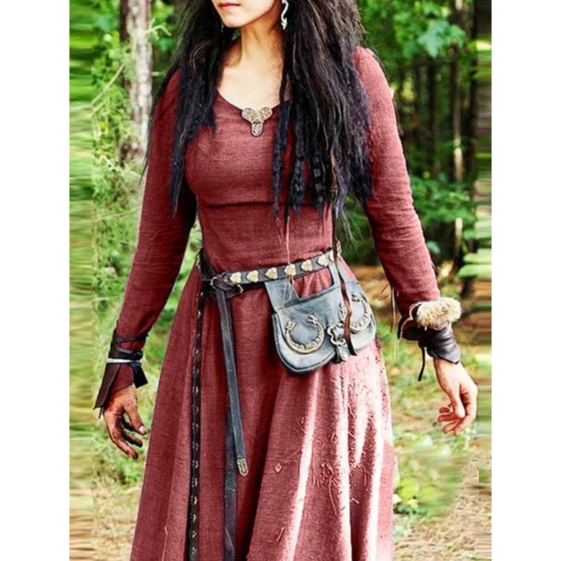 Solid Color Retro Ethnic Style High Waist Dress