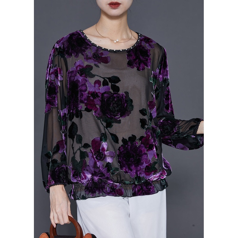 Style Purple Jacquard Hollow Out Tulle Top Spring