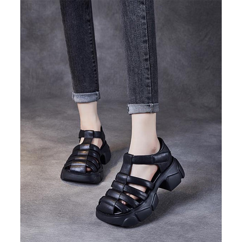 Unique Black Cowhide Leather Cross Strap Sandals