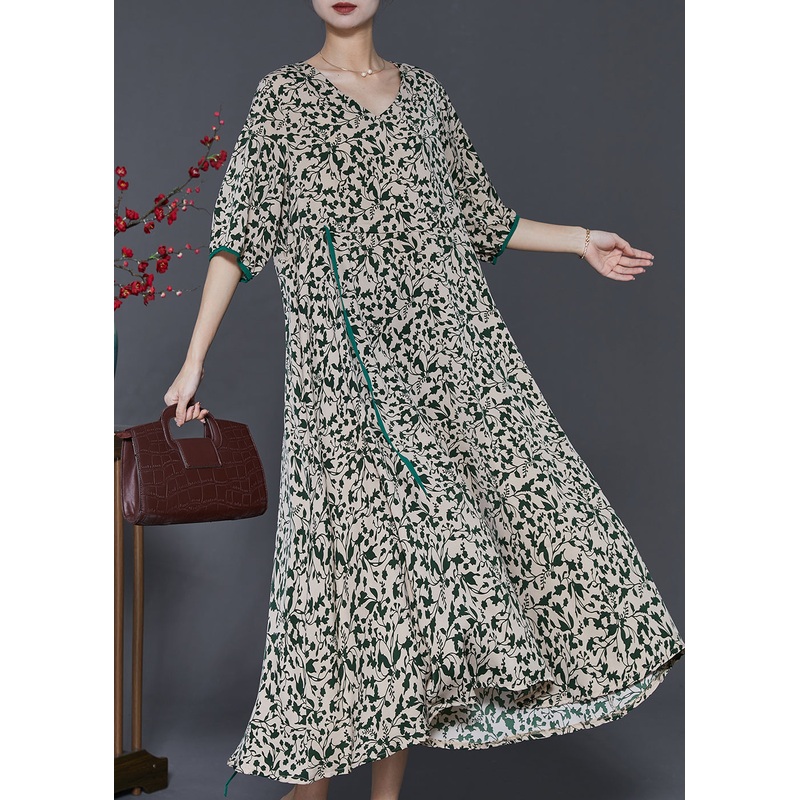 Unique Green Cinched Print Chiffon Long Dresses Summer