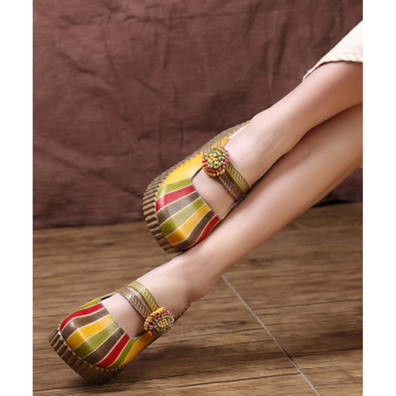 Unique Yellow Stripe Cowhide Leather Splicing Wedge Slide Sandals