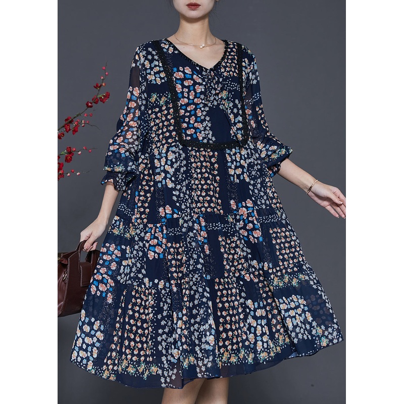 Vintage Black Print Exra Large Hem Chiffon Maxi Dresses Summer