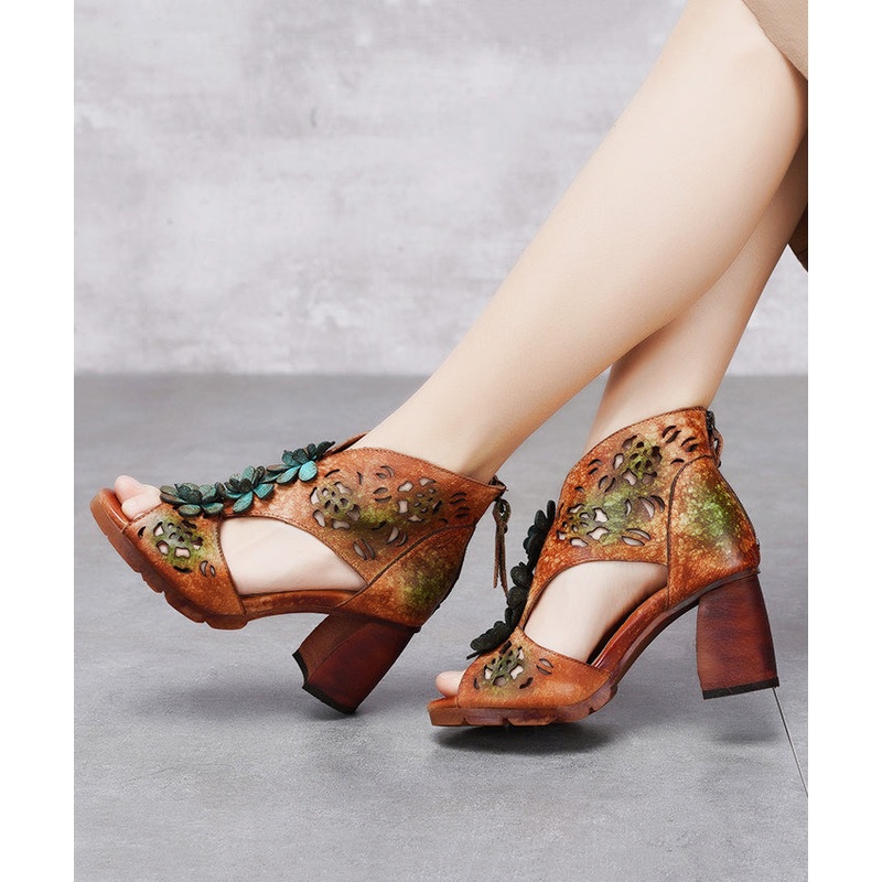 Vintage Green Chunky Cowhide Leather Peep Toe Hollow Out Sandals