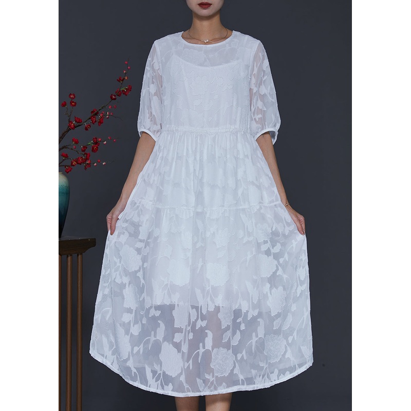 White Jacquard Chiffon Holiday Dress Draping Summer