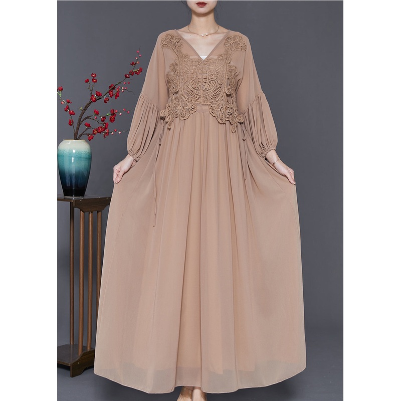 Women Coffee Lace Patchwork Tie Waist Chiffon Dresses Spring