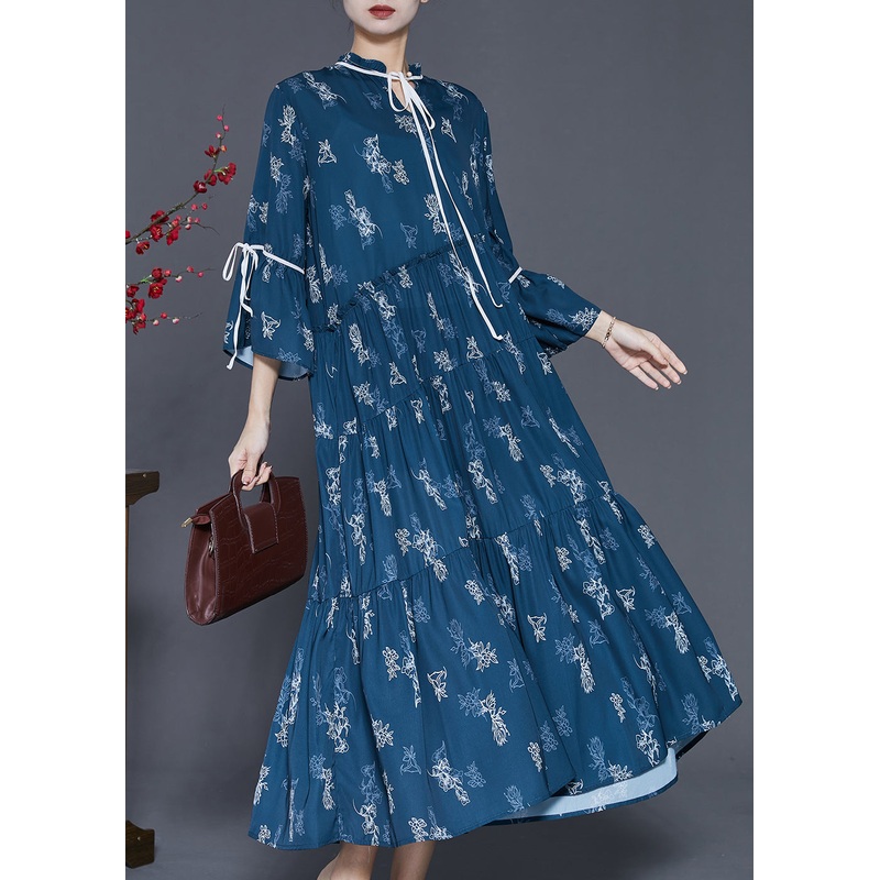 Women Navy Print Exra Large Hem Cotton Dresses Spring