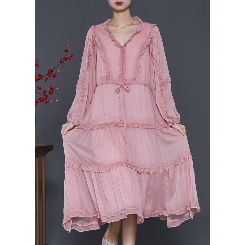 Women Pink Ruffled Tie Waist Chiffon Vacation Dresses Spring