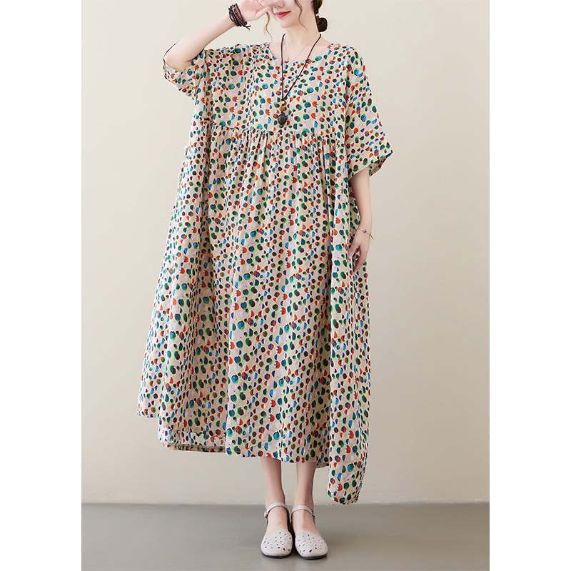 Art Light Khaki O-Neck Dot Print Pockets Long Dresses Summer