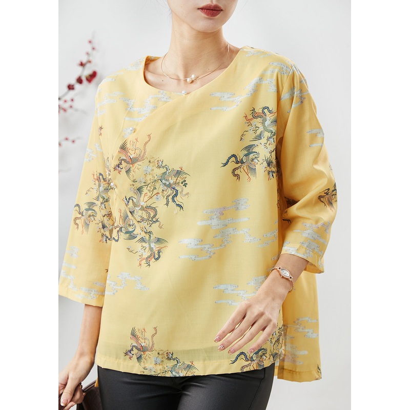 Art Yellow Dragon Print Nail Bead Linen Shirt Tops Spring