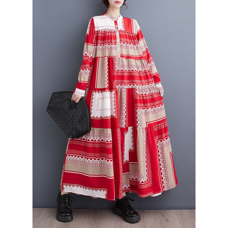 Beautiful Colorblock Stand Collar Print Asymmetrical Patchwork Robe Dresses Spring