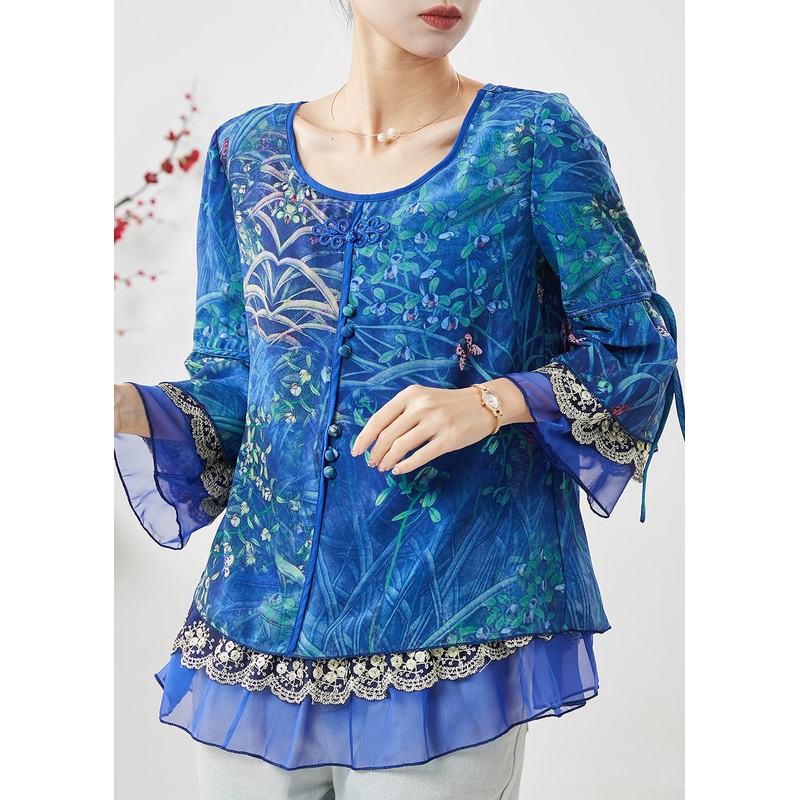 Bohemian Blue Print Patchwork Chiffon Shirt Spring