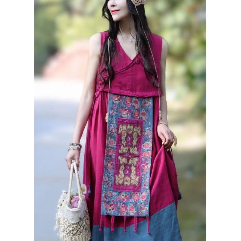 Bohemian Rose V Neck Patchwork Linen Dresses Sleeveless