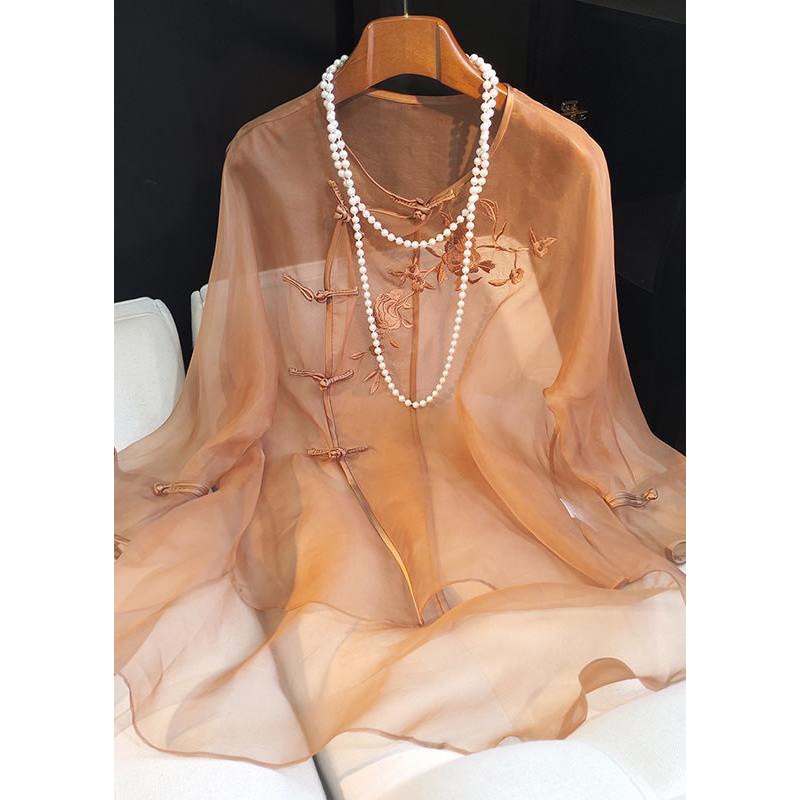 Chinese Style Light Brown Embroidered Tulle Shirt Top Summer