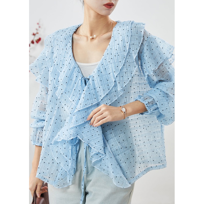 DIY Blue Ruffled Lace Up Chiffon Shirt Spring