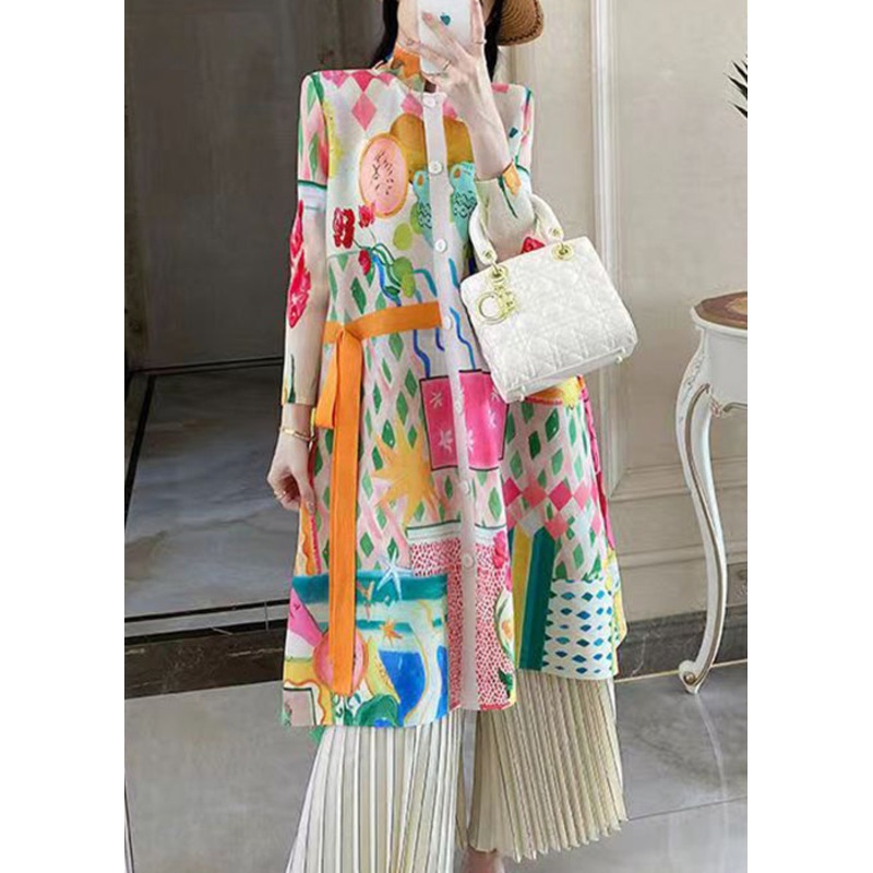 Loose Colorblock Button Print Cotton Shirts Dresses Long Sleeve