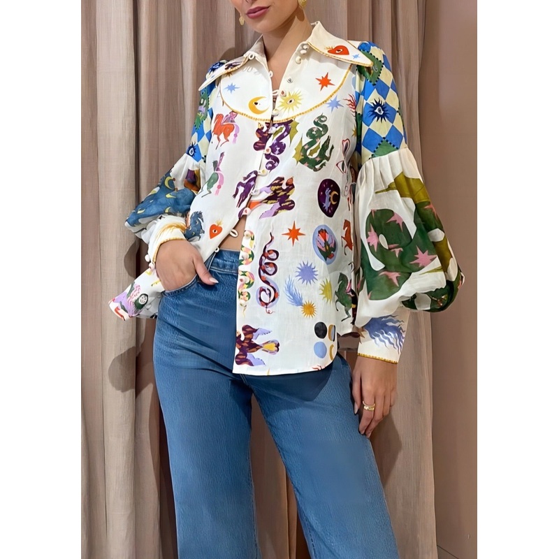 Personalized Graffiti Print Lapel Shirt Lantern Sleeve