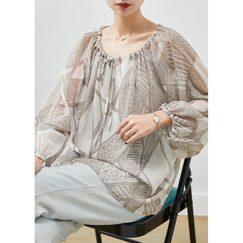 Style Khaki Print Drawstring Chiffon Shirt Top Spring